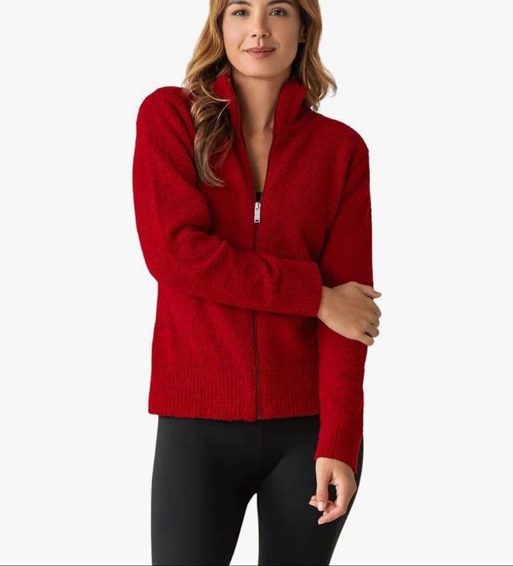 Kashwere Women's Chenille Mock Neck Full Zip Sport Jacket Rio Red XL NEW